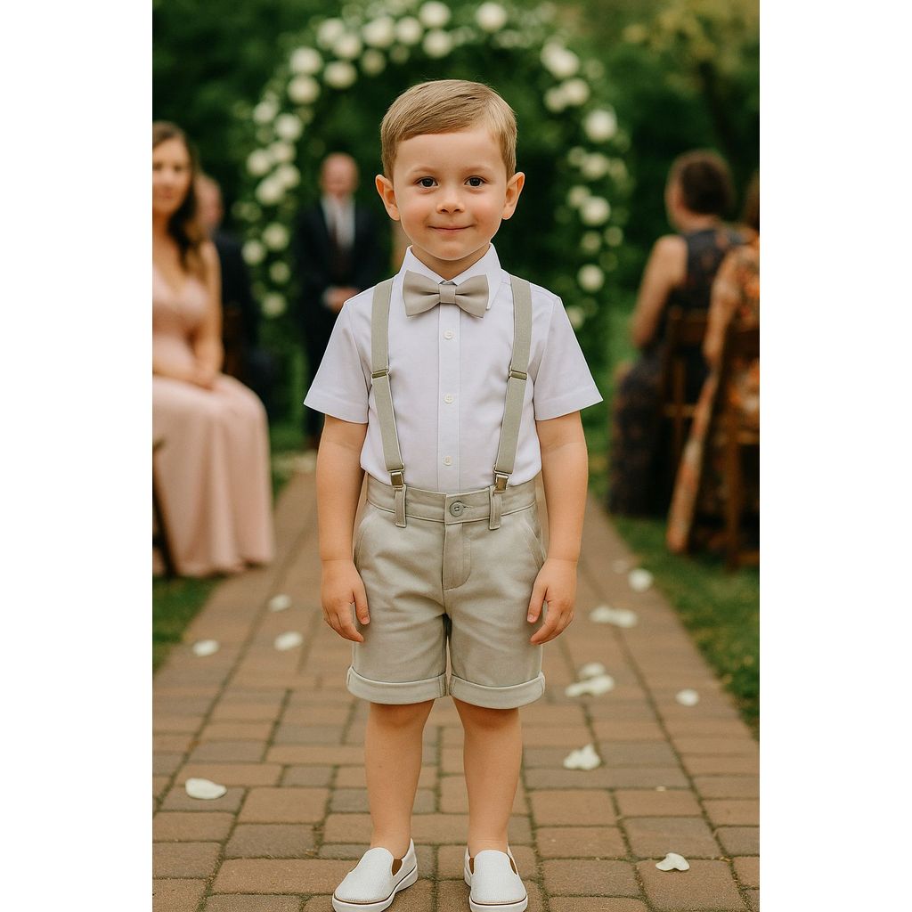 Roupa Social Batizado Conjunto Bermuda Nude Camisa Branca Suspensório Gravata Formatura Casamento Pajem Festa