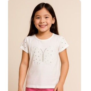 Blusa Menina Branca Borboleta com Aplique em Brilhos Tamanho 10 anos