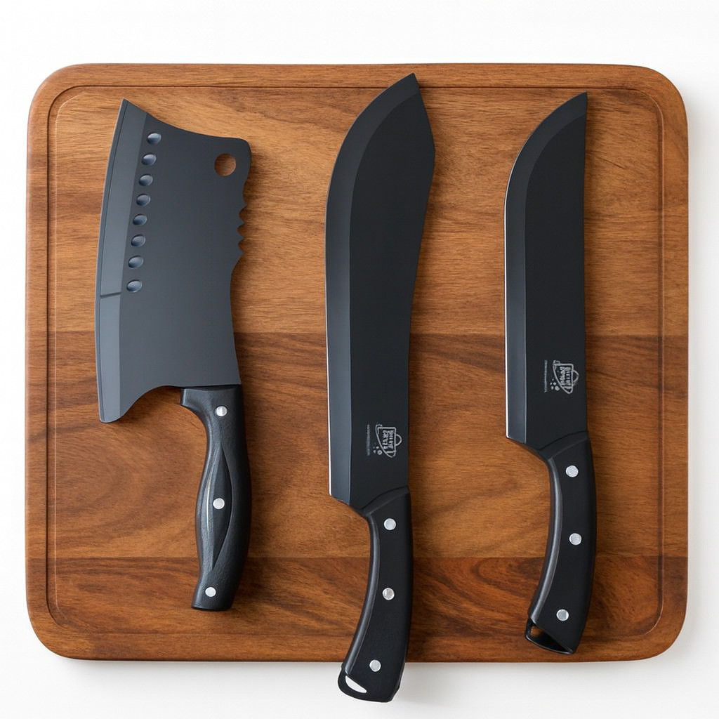 Imagem Kit Facas Churrasco Profissional Caça 3 Peças Lâmina Black Inox Premium Resistente