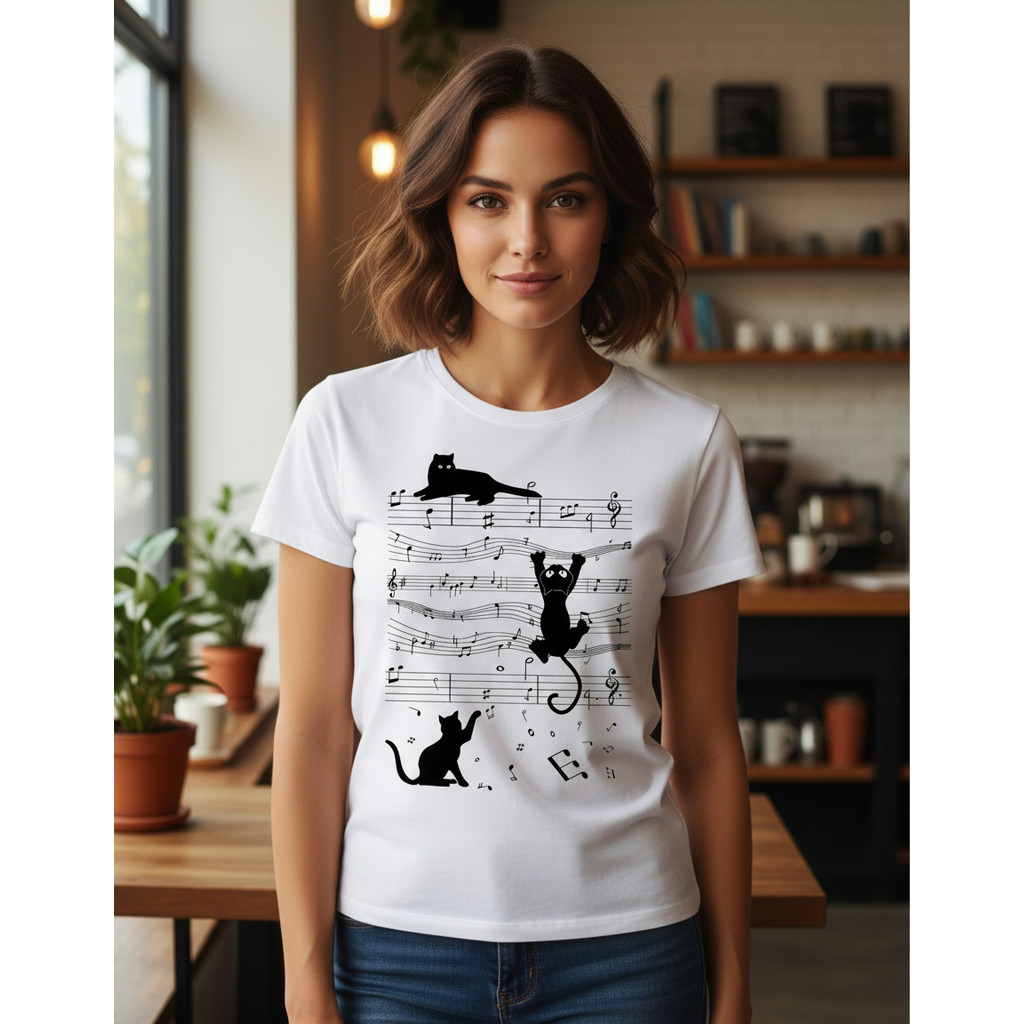 Camiseta Feminina Gatos Na Partitura Estampa Divertida Envio Rapido