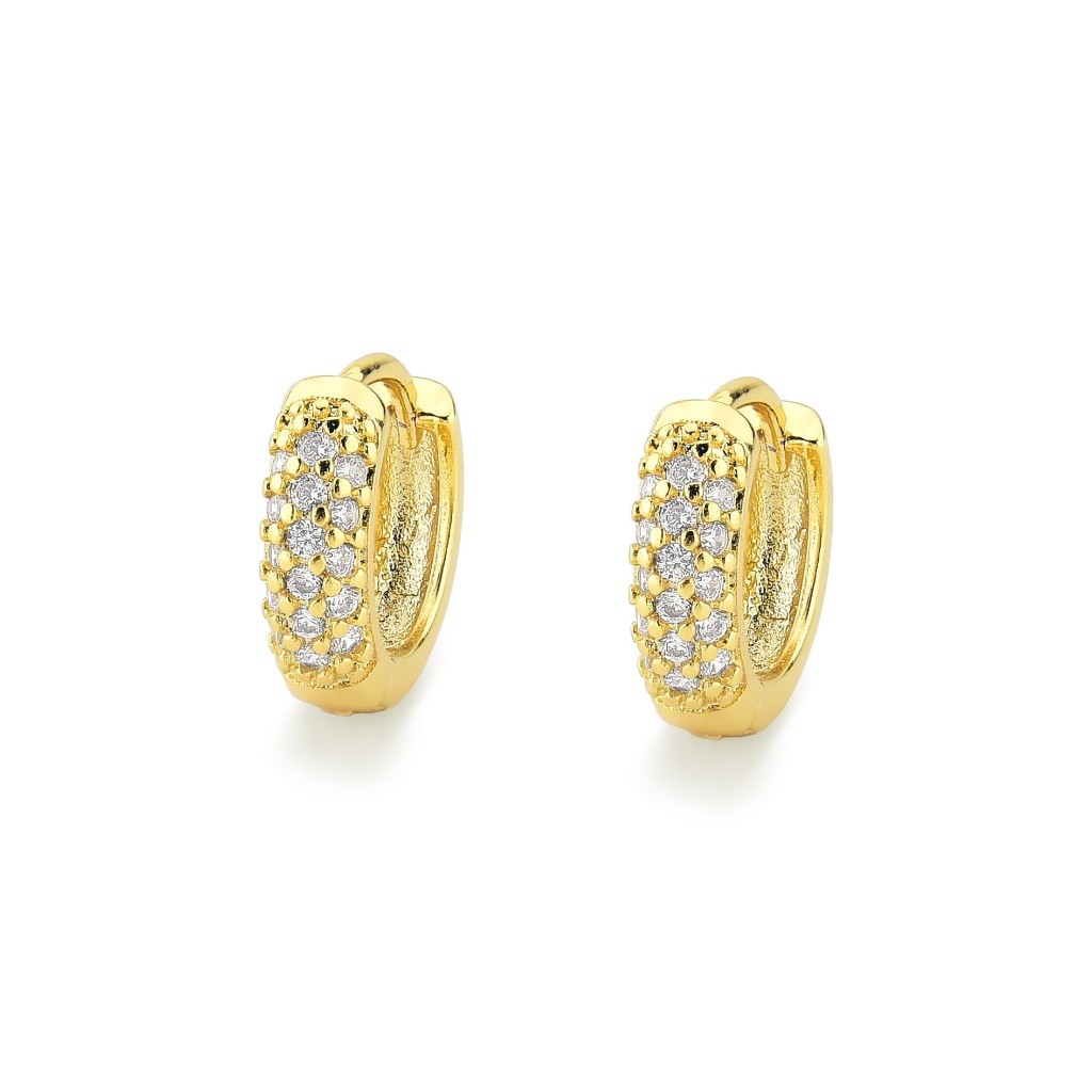 Brinco Argola Feminino Cravejado Pedras Zircônias Banhado a Ouro 18k Argolinha Neymar Virginia
