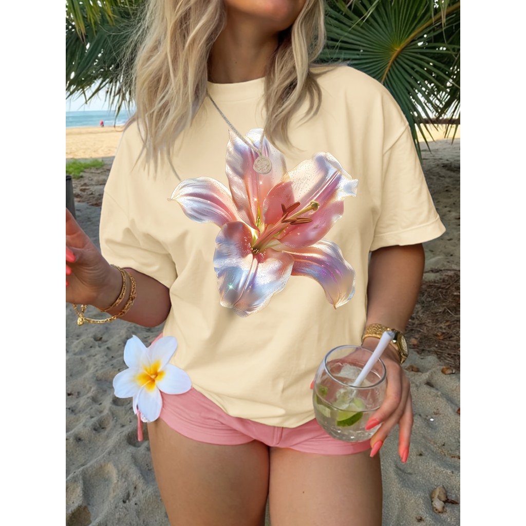 Camiseta Feminina T-shirt Estampada Hibisco Blusa Floral Rosa Roxo, Moda Praia Verão Casual