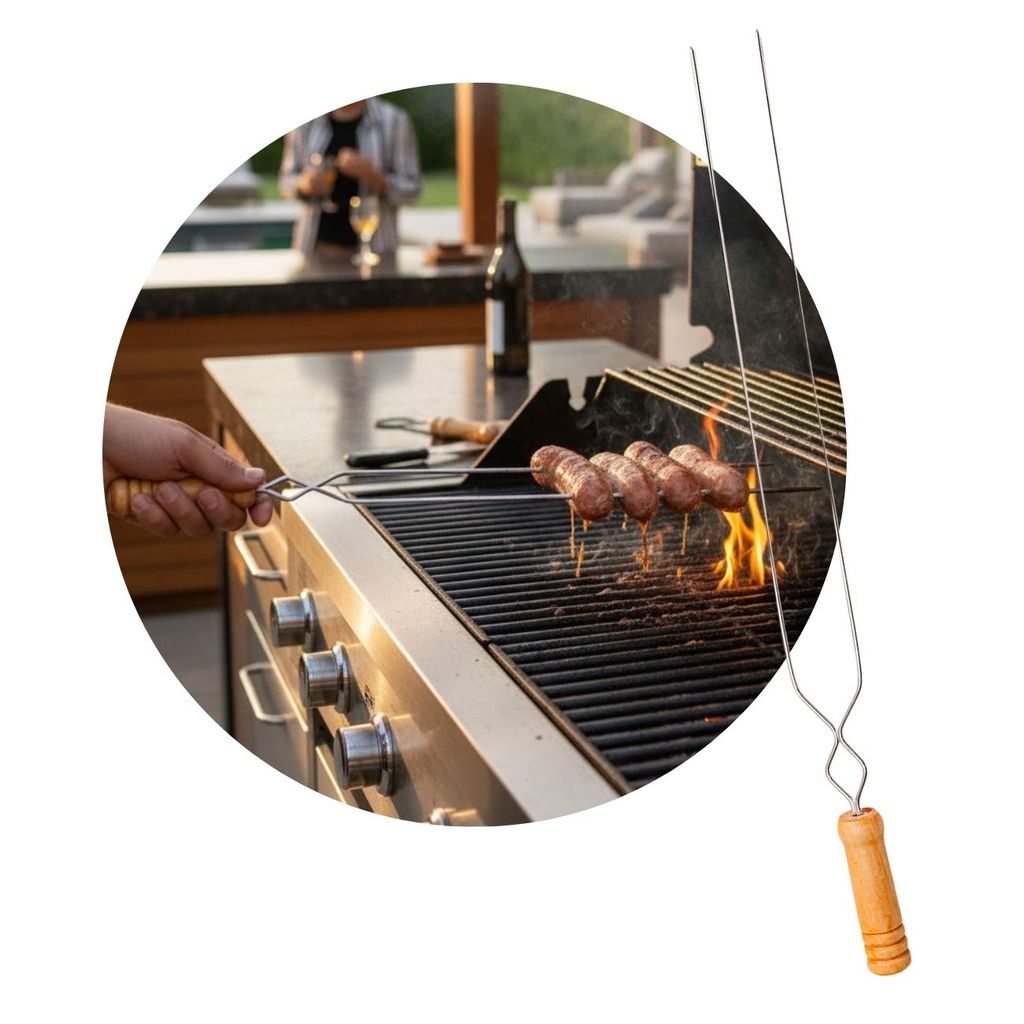 Espeto pra Churrasco Alumínio Duplo 45cm Dragão Cabo Madeira