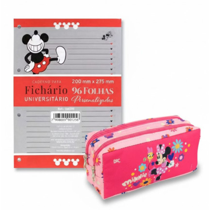 Refil Folhas de Fichário Minnie e Mickey 96 Folhas Dac + Estojo Dac Duplo Minnie Mouse Pink