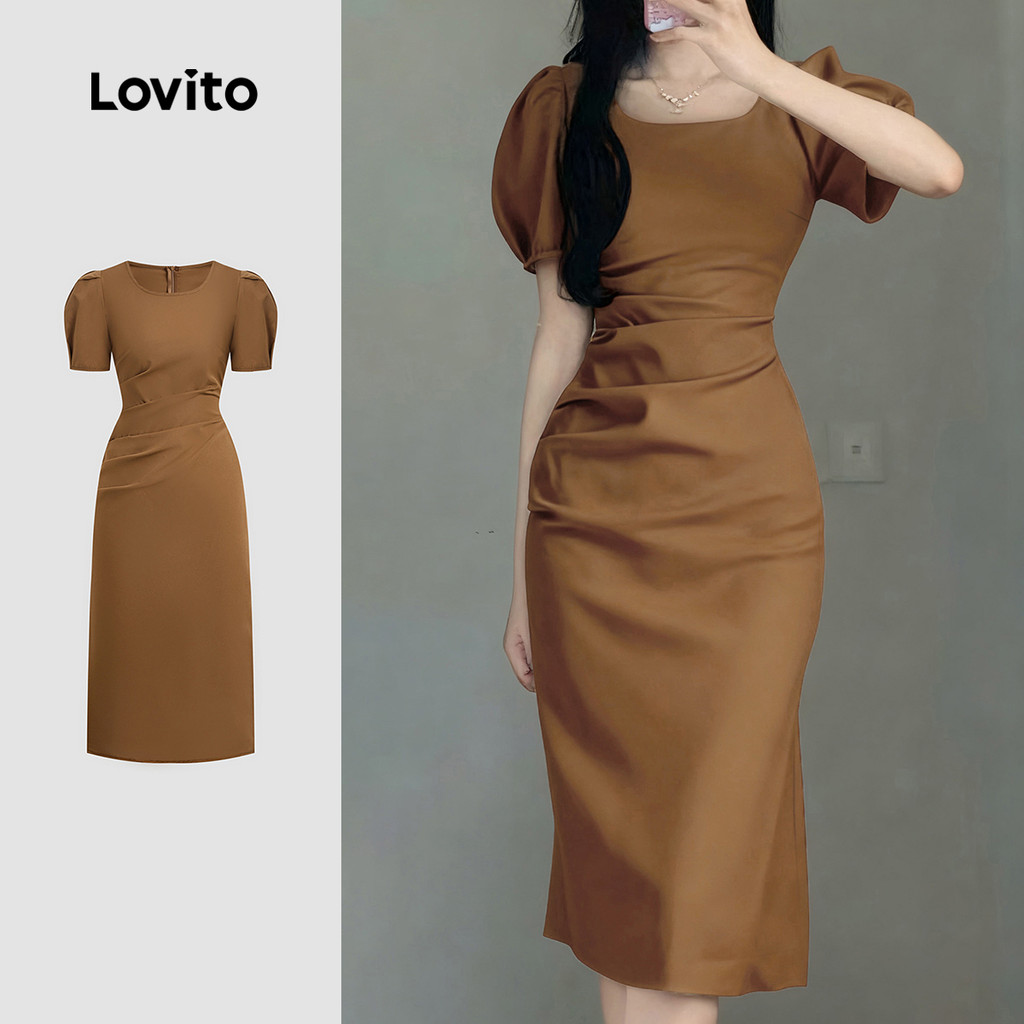 Lovito Vestido Elegante Marrom Com Mangas Bufantes Modelagem Justa E Pregas Primavera/verão Para Mulheres L155ED138 em Oferta na Shopee
