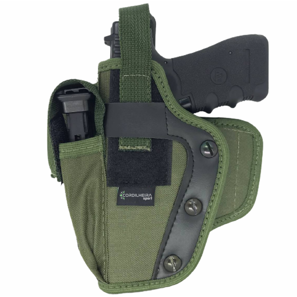 Coldre Canhoto (Lado Esquerdo) Panqueca Parafuso Verde Canhoto c/ Porta Magazine - Nylon - Militar em Oferta na Shopee