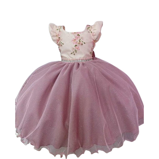 Vestido de Festa Infantil Rose Busto Floral Saia com Glitter D4187