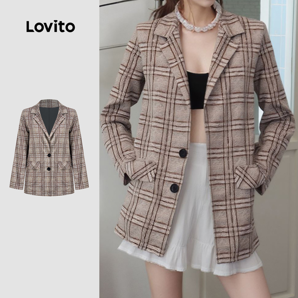Lovito Blazer Casual Com Estampa Xadrez Outono Inverno Para Mulheres LNL101621 em Oferta na Shopee