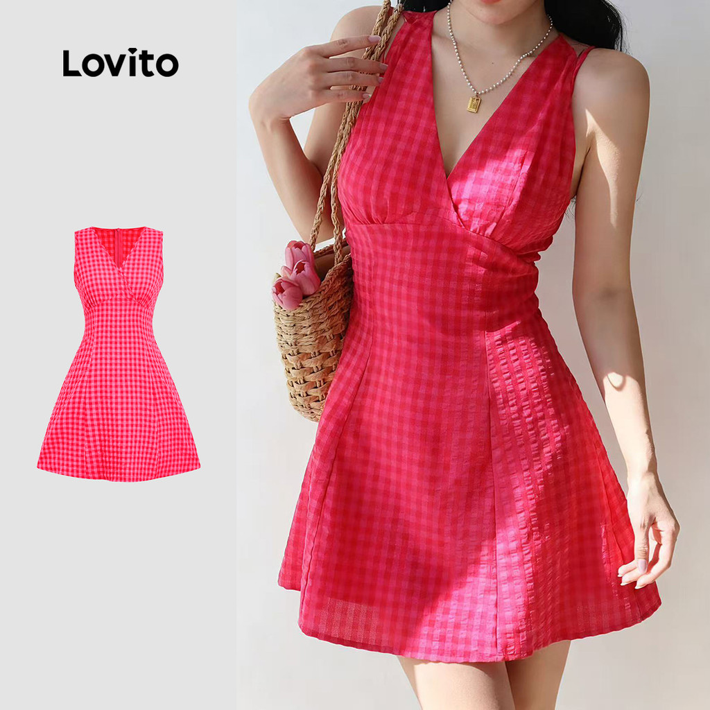 Lovito Vestido Elegante com Estrutura de Zíper Primavera/verão Vermelho Rosado L157LD348 em Oferta na Shopee
