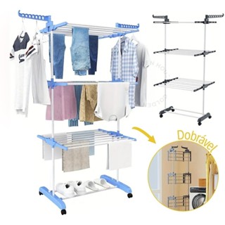 Rack de secagem retrátil, compacto e dobrável de três camadas, com rodas em Oferta na Shopee