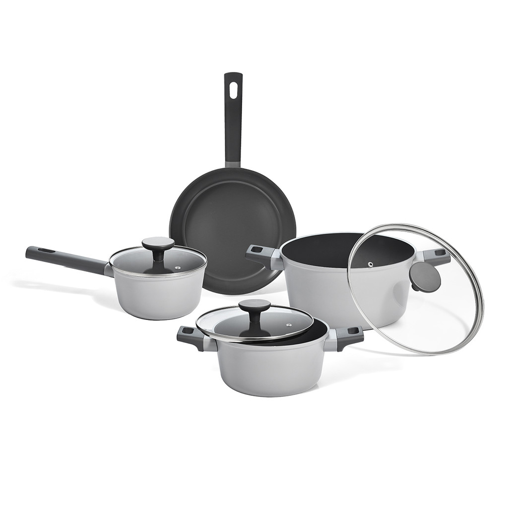 jogo panelas antiaderente de cerâmica indução 4 peças cor cinza mou trufa - oikos em Oferta na Shopee