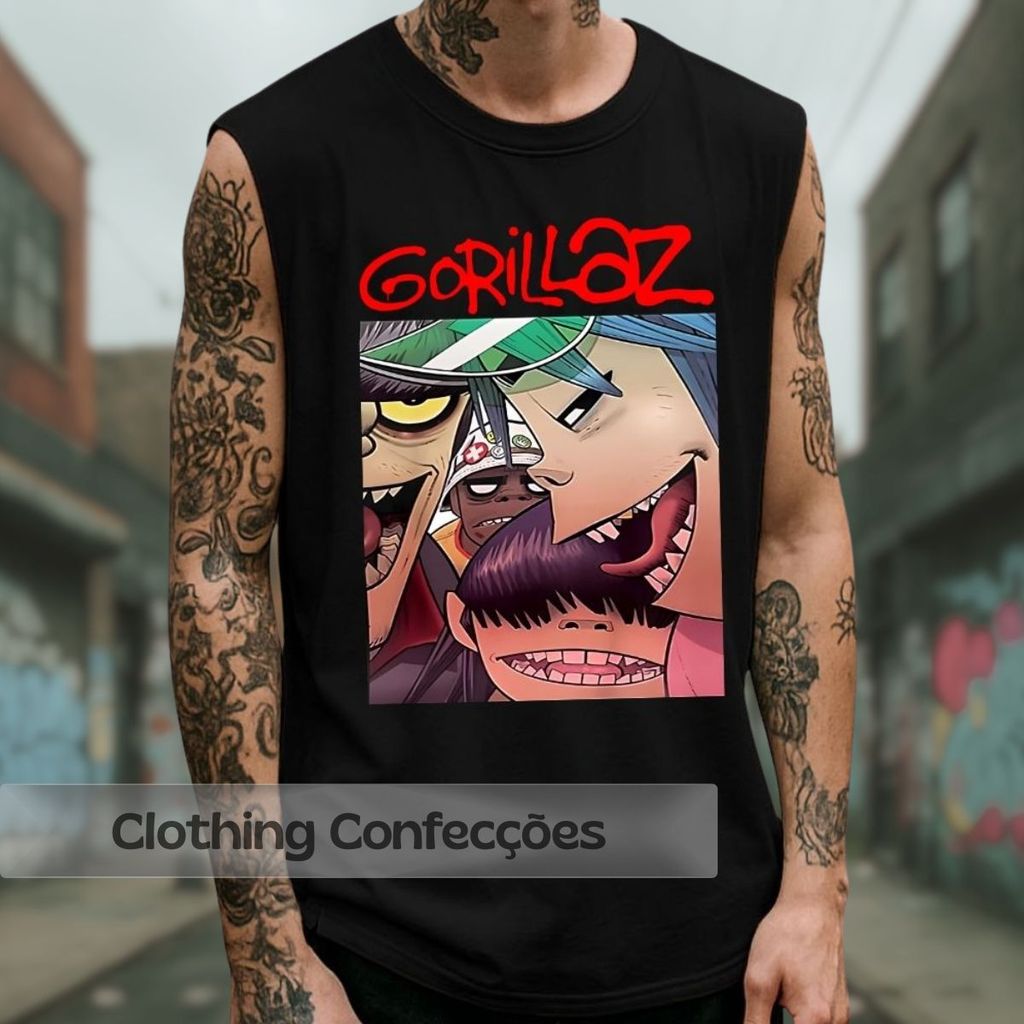 Camiseta Regata Cavada Oversized Gorillaz Banda Virtual De Rock Hobbs Integrantes Desenho Tank