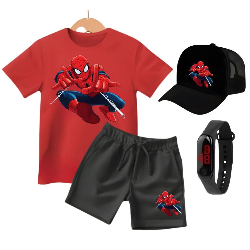 Conjunto Infantil Meninos Camiseta Short Relogio Boné Capitão America Homem Aranha Super Man