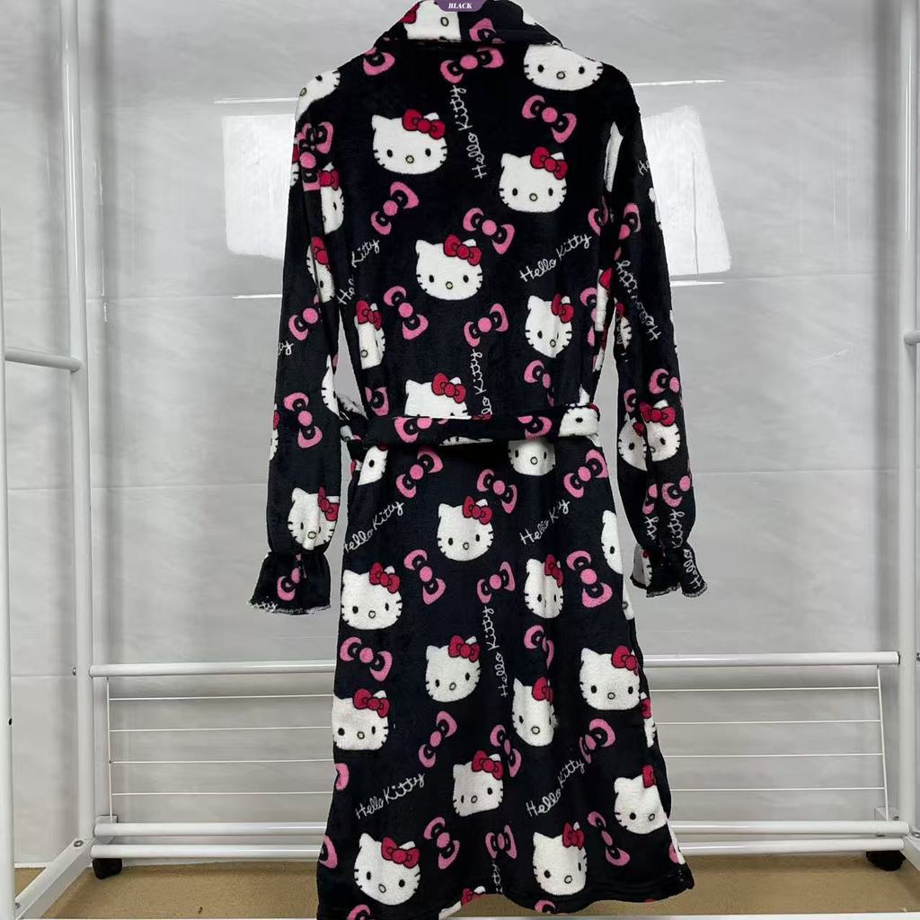Novo Roupão De Banho Feminino De Flanela Sanrio Black KT Cartoon | Robe De Dormir Com Forro De Lã De Comprimento Médio Q