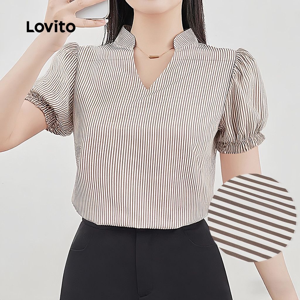 Lovito Blusa Boho com Babado Primavera/verão Blusa Khaki para mulheres L142ED455 em Oferta na Shopee