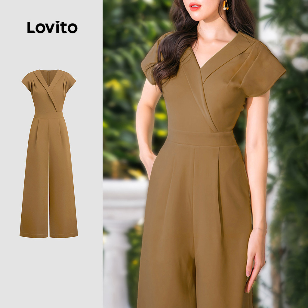 Lovito Macacão Elegante Retrô Tecido Fresco Primavera/verão Marrom Macacão Para Mulheres L137ED363 em Oferta na Shopee