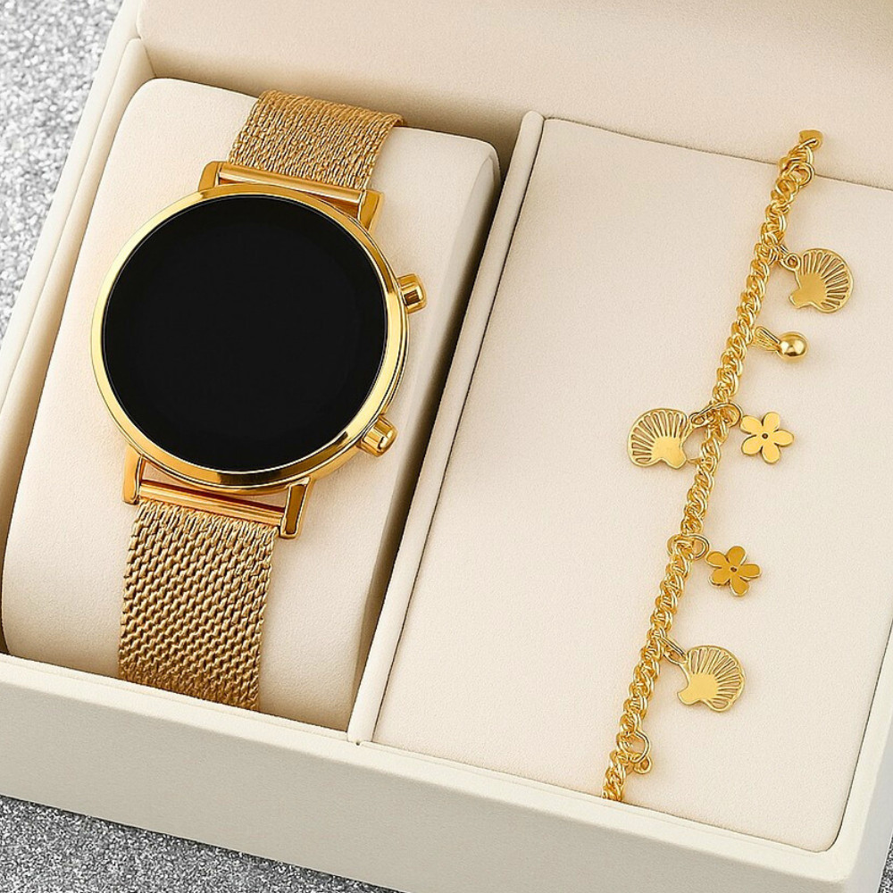 Relogio Digital Quartzo Redondo Feminino Simples Com Pulseira Dourada de aço inoxidavel Da Moda