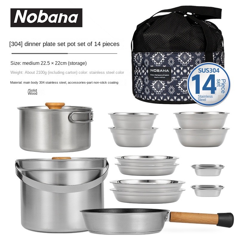 Acampamento ao ar livre conjunto de 14 peças pote 304 aço inoxidável portátil piquenique sopa panela frigideira conjunto