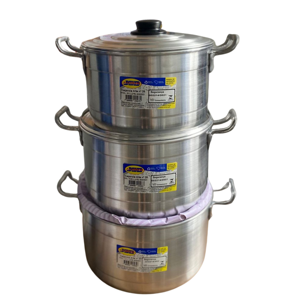  Jogo de Panelas 3 Caçarola Alumínio N 24 26 28 Kit 3 Peças Linha Hotel Restaurante Bares Escolas Feijoada INMETRO JSD