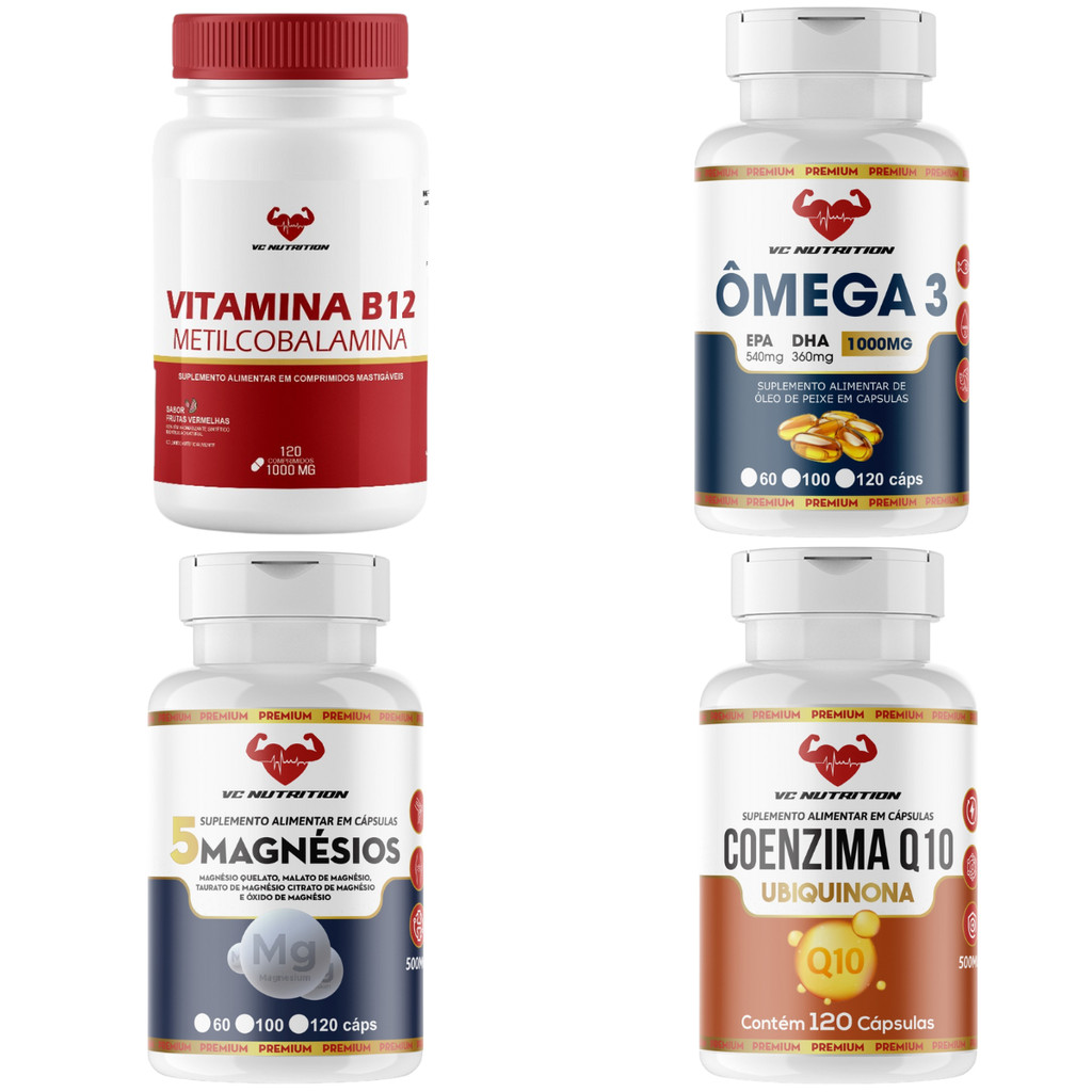 B12 Metilcobalamina 1000mg + Ômega 3 1000mg + 5 Magnésios + CoQ10 120