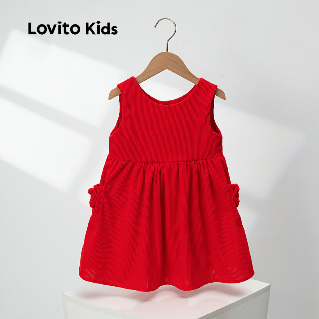 Detalhes do Lovito Vestido Infantil Casual Com Laço Para Festa De Natal Primavera/verão Vermelho Para Meninas LNL123285