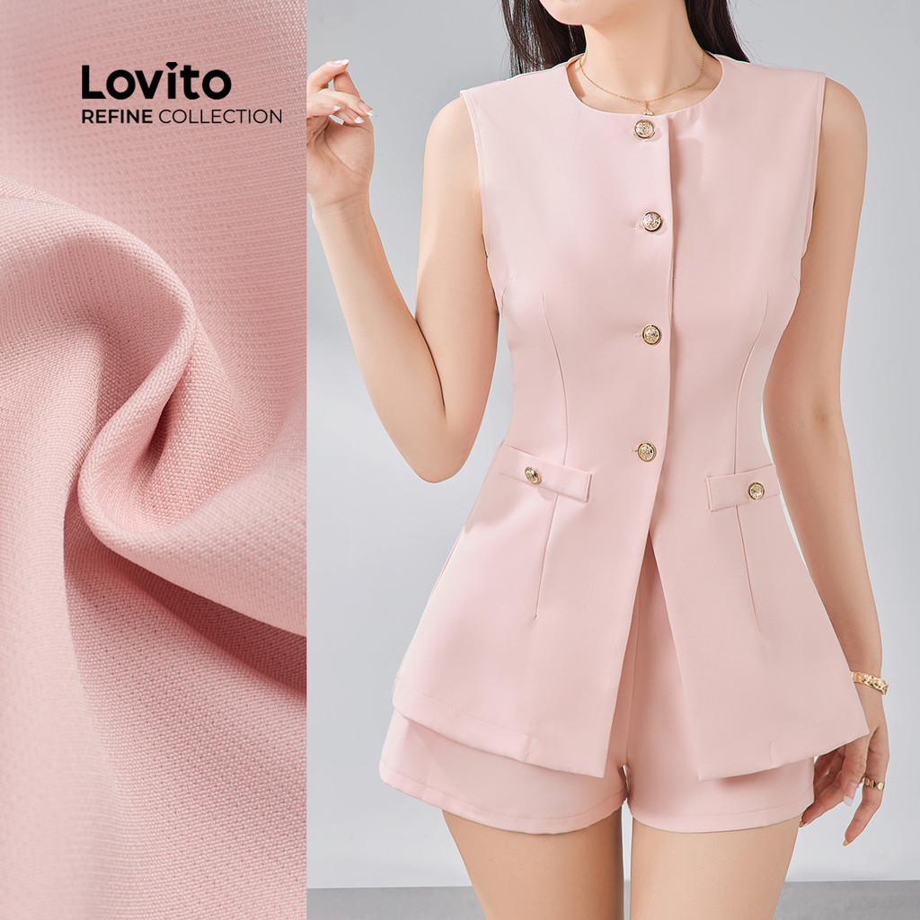 (Lovito Refine) Conjuntos Elegantes de Shorts com Botão  Bolso Falso  Primavera/verão  Blusa Rosa e Shorts LR13E213 em Oferta na Shopee