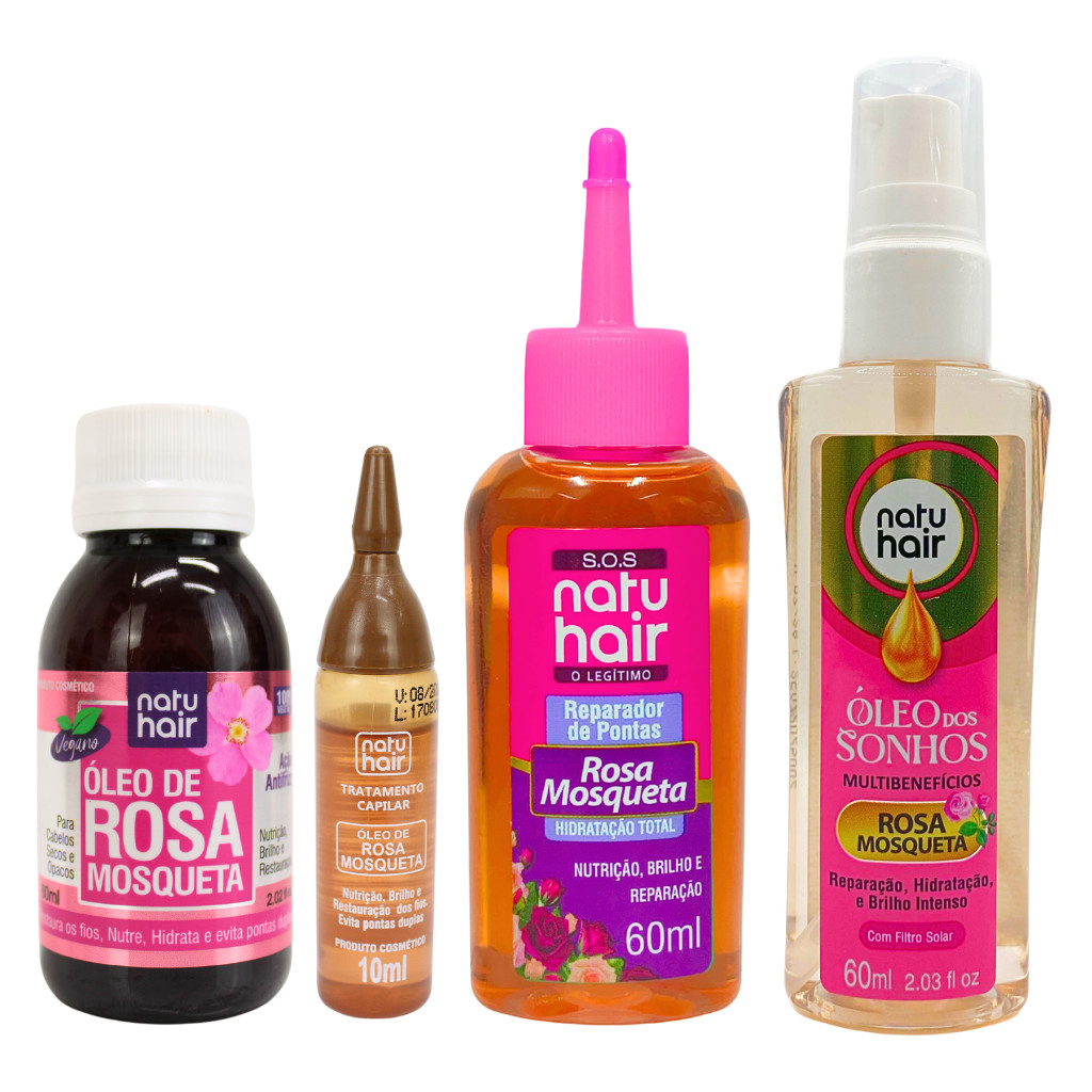 Kit Rosa Mosqueta - Óleo Vegetal + Óleo dos Sonhos + Reparador de pontas + Ampola de Tratamento