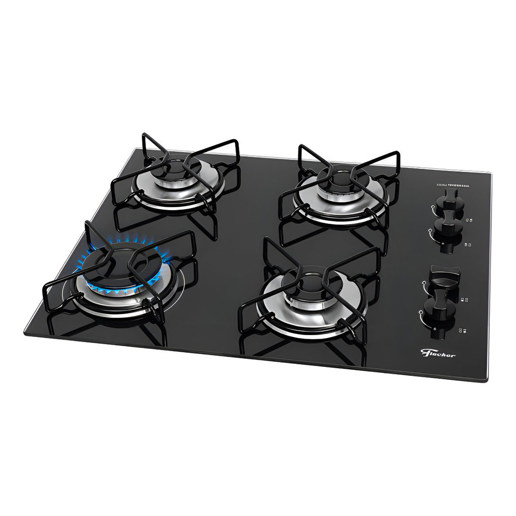 Fogão Cooktop Fischer 4Q Gas Fit Line Trempe Esmaltada Aramado Mesa Vidro Preto Bivolt