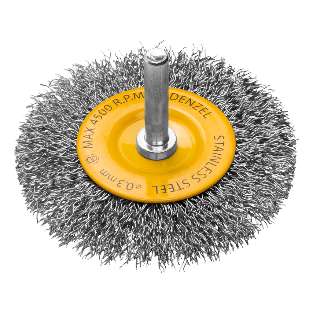 ESCOVA CIRCULAR 75 MM, COM HASTE DE 1/4 6 MM, FIOS ONDULADO INOX  DE 0,3 MM/DENZEL em Oferta na Shopee