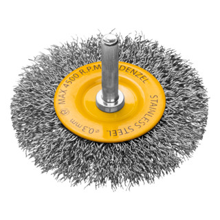 ESCOVA CIRCULAR 75 MM, COM HASTE DE 1/4 6 MM, FIOS ONDULADO INOX  DE 0,3 MM/DENZEL em Oferta na Shopee