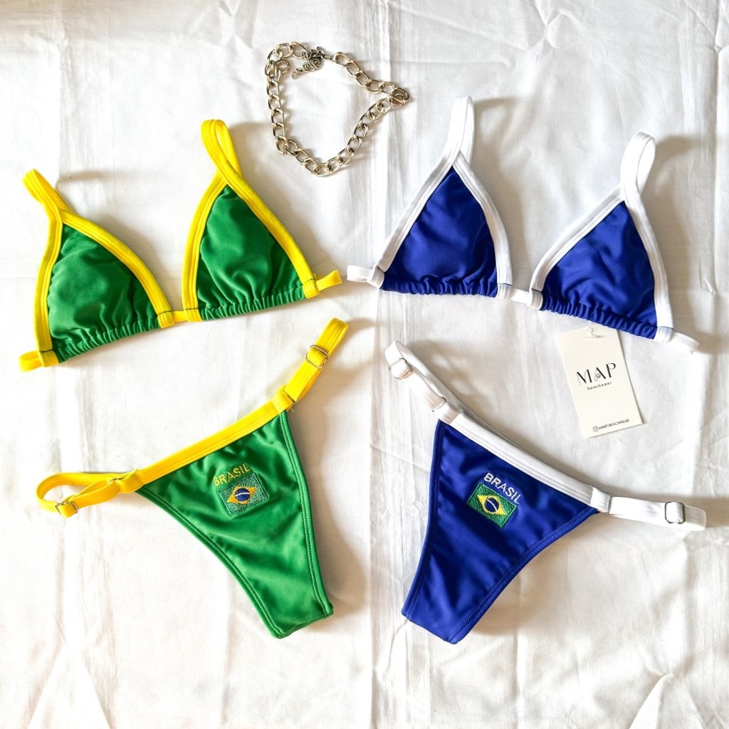 Biquíni Cortininha Brasil + Calcinha Fio Fita Regulável em Oferta na Shopee