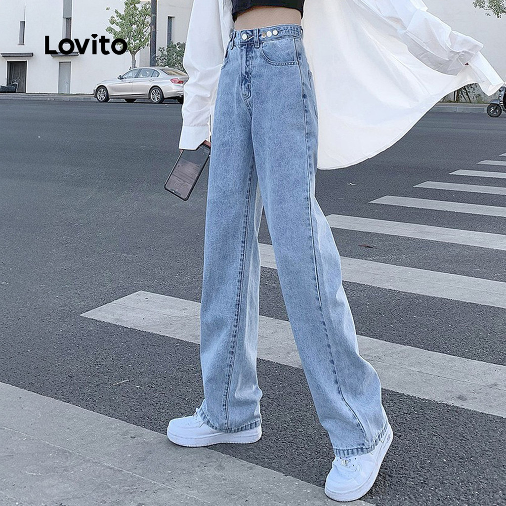 Detalhes do Lovito Jeans Casuais Lavados com Zíper para Todas As Estações Jeans Azuis para Mulheres LNE121023