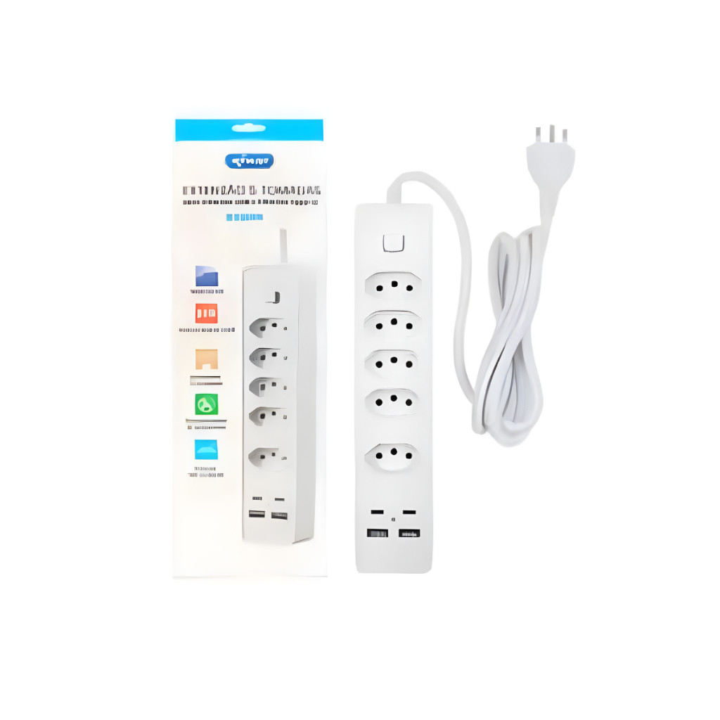 Extensão 5 Tomadas 2500w Com 2 Portas USB E Type C 2.4A 2M Retardante à Chamas (S16)