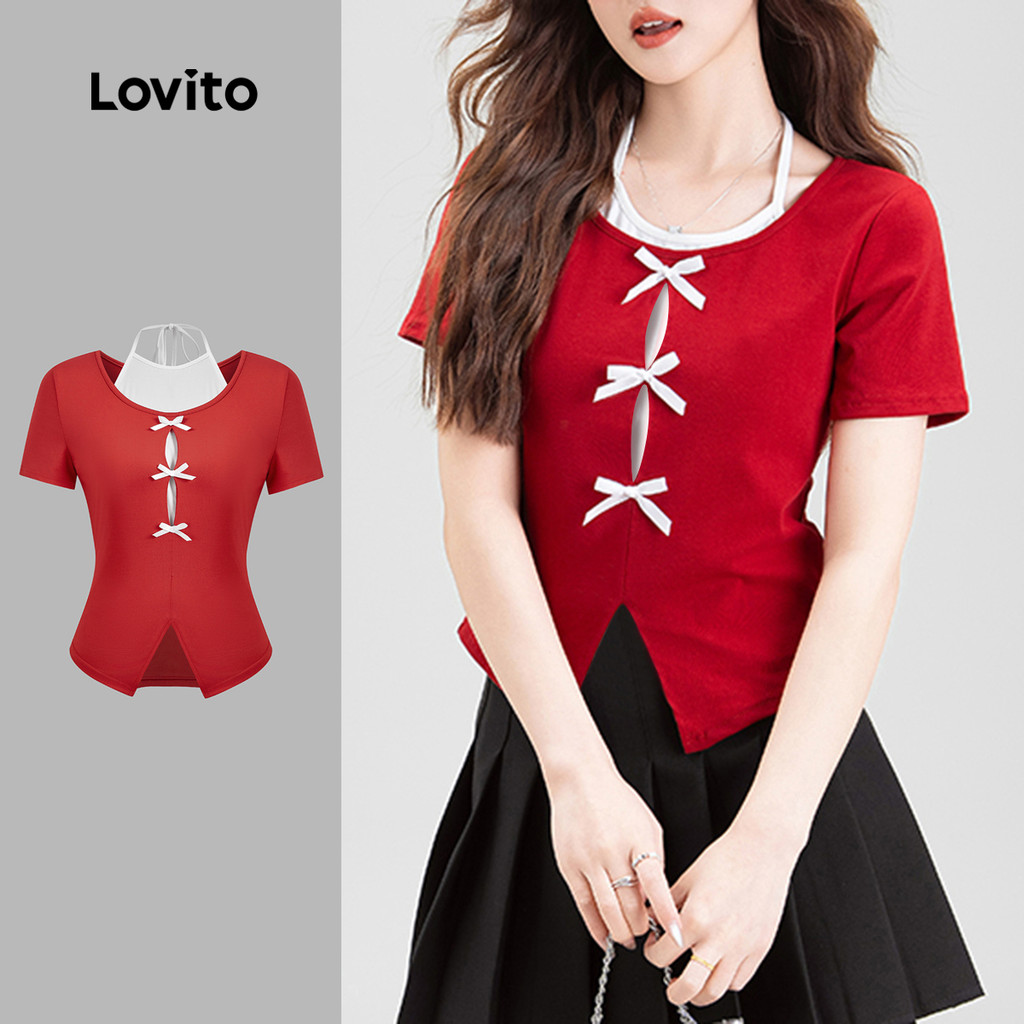 Lovito Camiseta Fofa De Natal Festa De Ano Novo Com Laço Estilo Balé Vermelha Primavera/verão Para Mulheres L159AD103