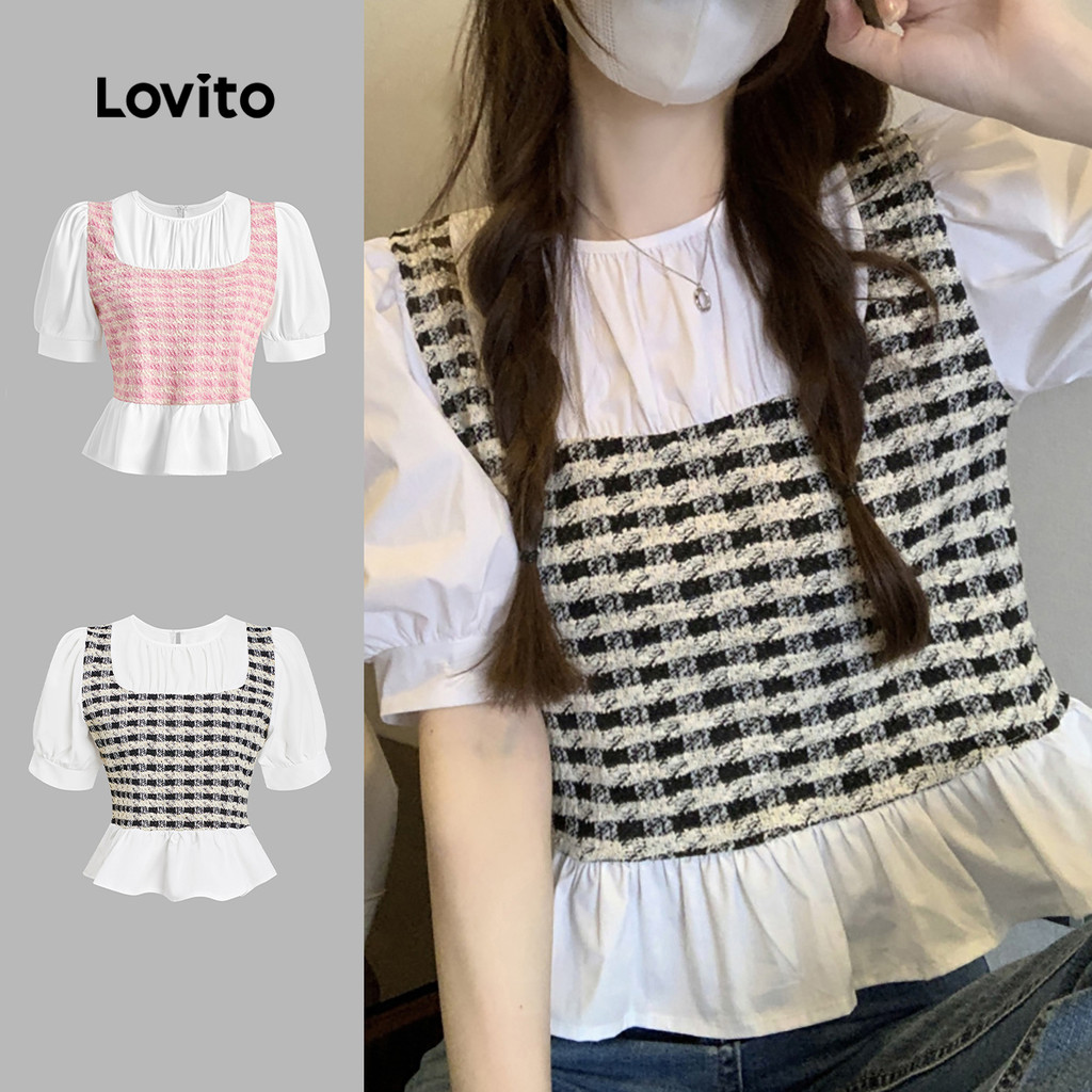 Lovito Blusa Casual Gingham Jacquard Blusa Verão/Primavera Para Mulheres L114AD317 em Oferta na Shopee