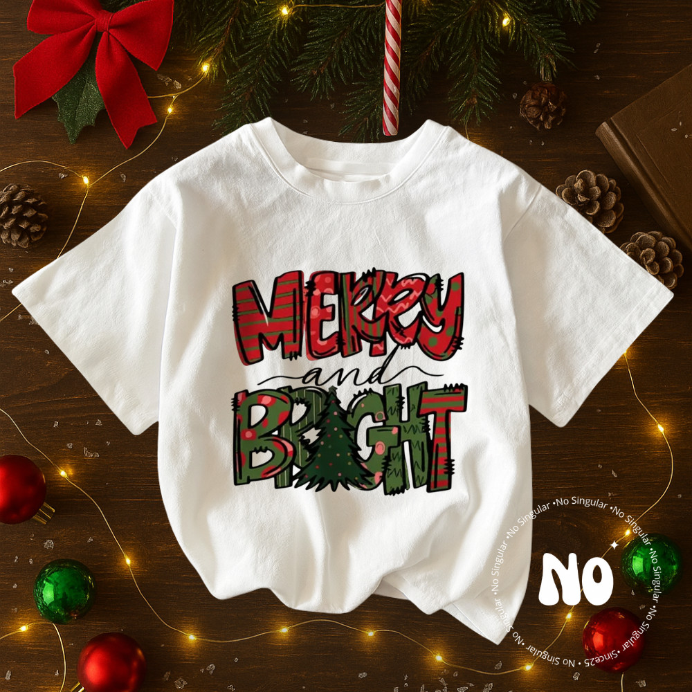 Camiseta Estampa Para Natal "Merry And Bright" Festas Algodão