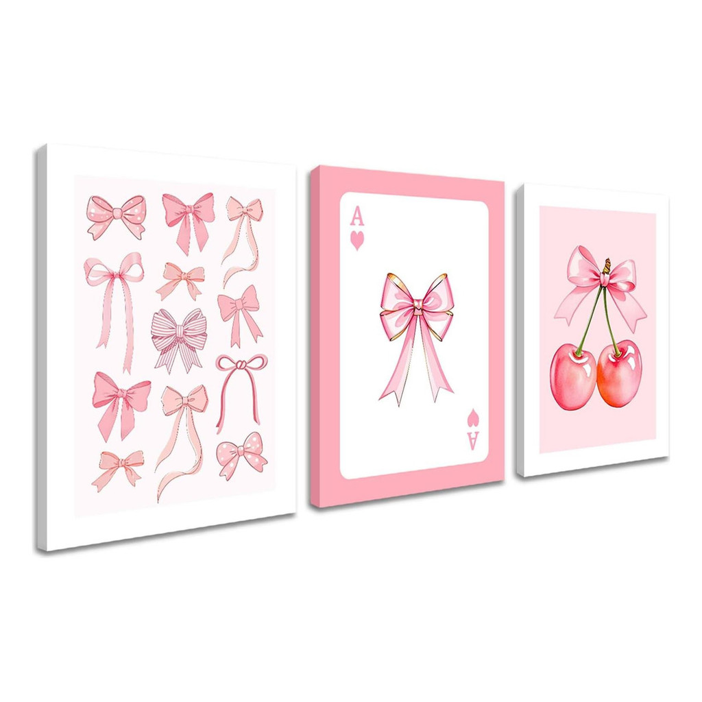 Kit 3 Quadros Decorativos Laços Cerejas Carta Baralho Rosa Mosaico Quarto em Oferta na Shopee