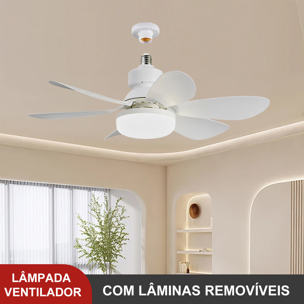 Ventilador Lâmpada De Teto LED 60W 80W Silencioso, Com Controle Remoto,6 Hélices, Bivolt,Prática Instalação E27