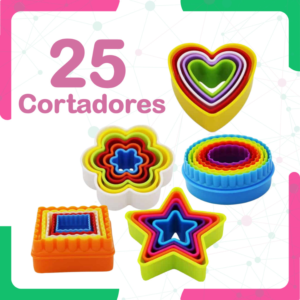Kit Cortadores Para Biscuit Pasta Americana Biscoito Formas de Estrela Redondo Coracao Flor 25 Pecas