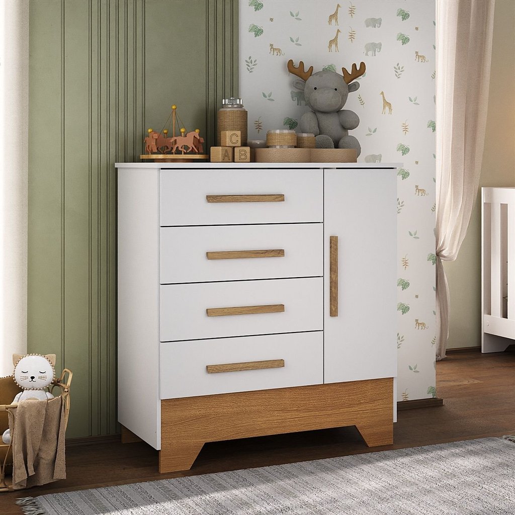 Cômoda Infantil 1 Porta e 4 Gavetas Tic Tac Branco Fosco/Nature em Oferta na Shopee