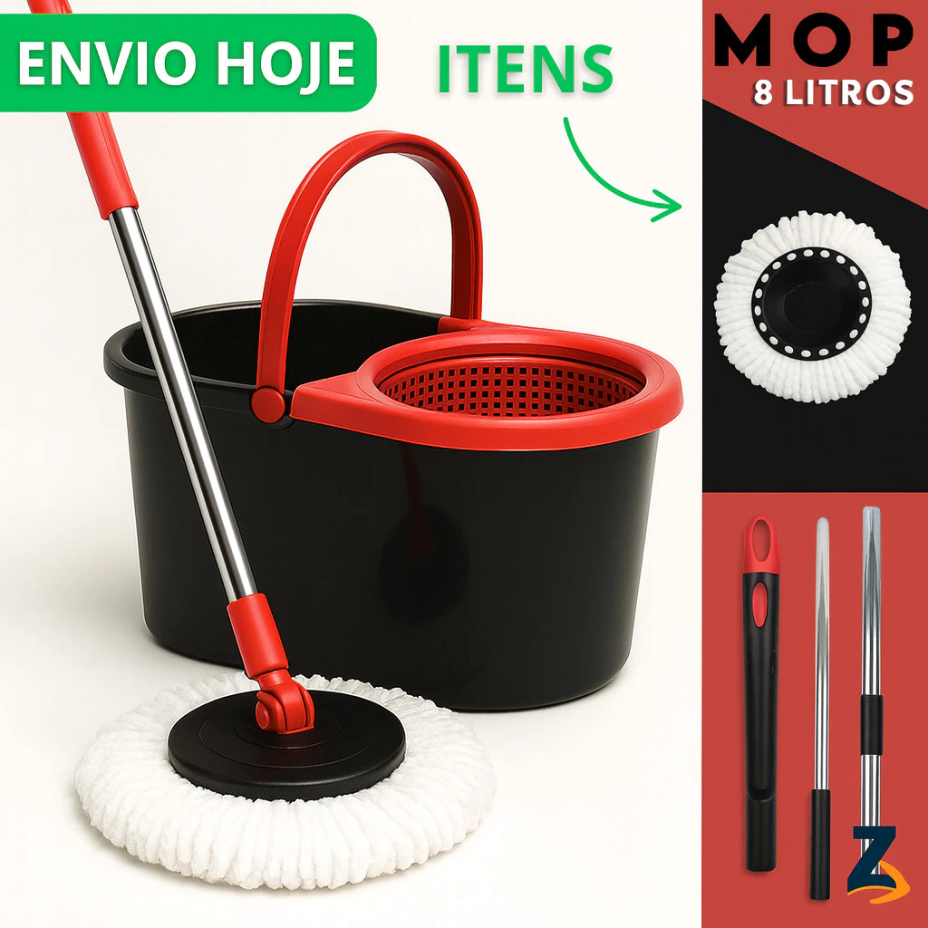 Mop Giratório Cabo Grande de 120 cm 8 Litros Cesto Em Plástico e Inox - Balde Centrífuga Preto — imagem 1