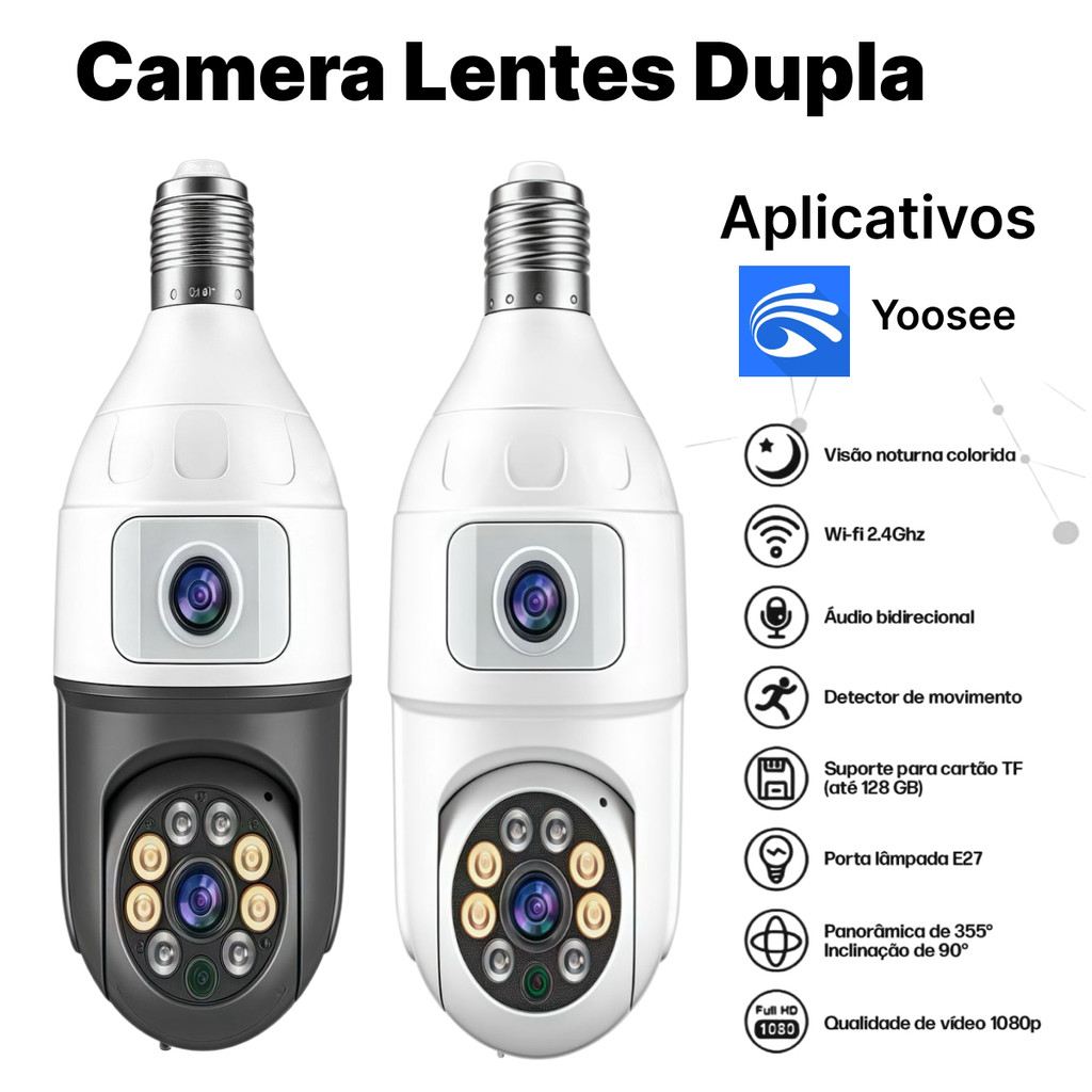 Kit 2 Câmera De Segurança Wifi 2 Lentes Dupla Full HD Visão Noturna Microfone Ip App Yoose em Oferta na Shopee