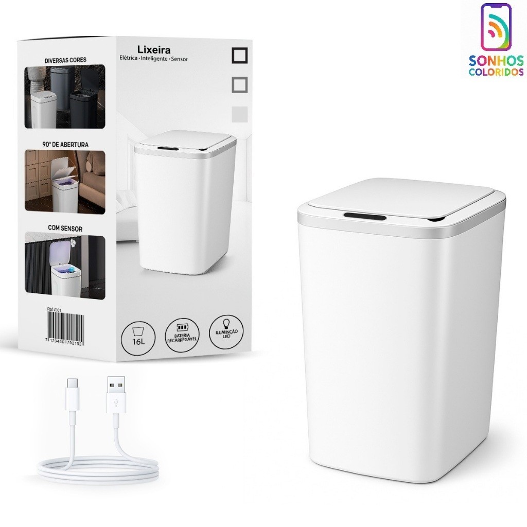 Lixeira com Sensor Automático Inteligente Abre Fácil em Toque Cesto Lixo Casa 16 Litros