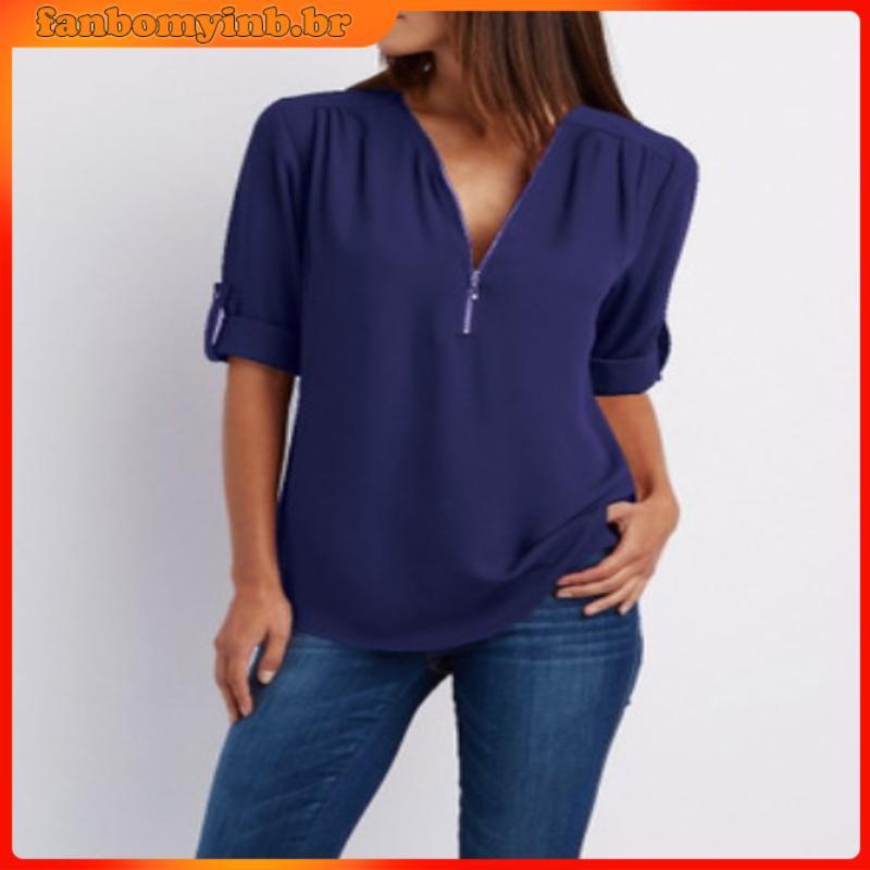 S-5xg Camisa Feminina Casual Básica De Chiffon Preta Com Zíper Gola V E Mangas Compridas Plus Size