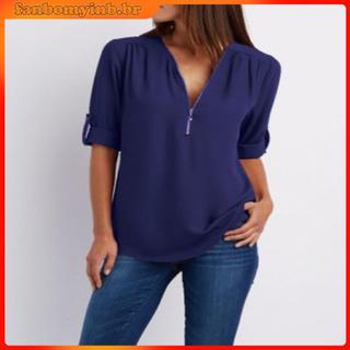 S-5xg Camisa Feminina Casual Básica De Chiffon Preta Com Zíper Gola V E Mangas Compridas Plus Size