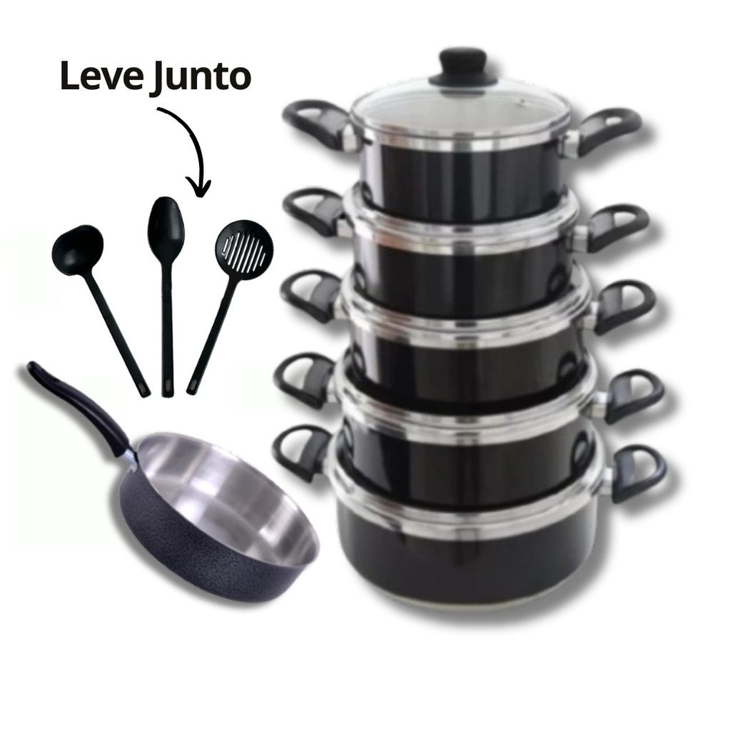 Conjunto de Panelas 5 Peças Preto + Frigideira Nº20 e Utensílios Kit de Panelas -  Caçarolas Feitas Para Durar