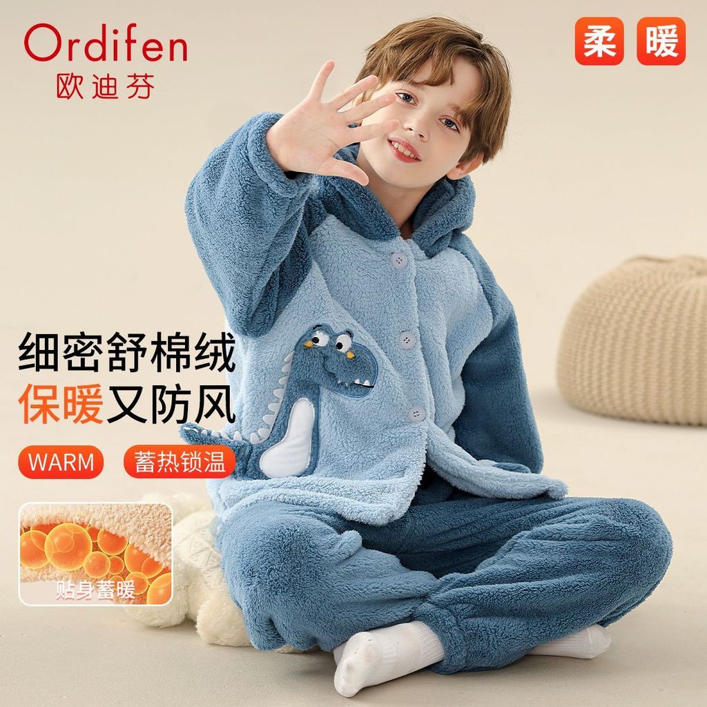 Imagem Odifen [confortável algodão veludo azul dinossauro] pijamas infantis meninos outono inverno lã-velo com capuz Loungewear