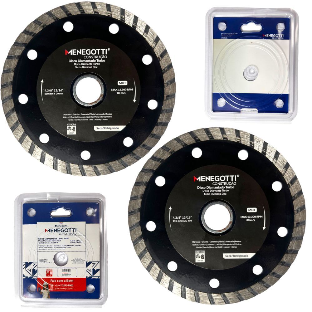 Kit 02 Discos Diamantados Turbo Para Serra Mármore MDT 4 3/8" 110mm Bucha Redutora 20x16mm Menegotti