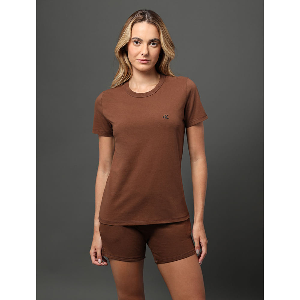Camiseta Feminina Malha Bordada Calvin Klein Underwear - Marrom em Oferta na Shopee