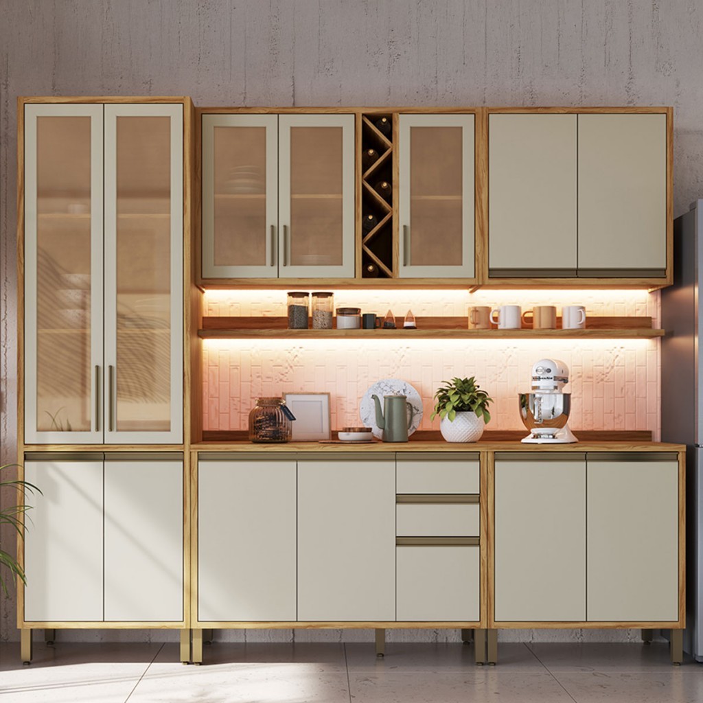 Armário Cozinha Balcão 13 Portas 3 Gavetas Pérola Premium Prateleiras 100% Mdf Vidro Amêndoa/Off White - Pnr Móveis